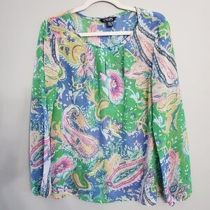 Chaps Woman's Paisley Floral Beach Resort wear Multicolor Sheer Blouse Size Med.